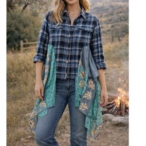 The Morgan Factory Repurposed Plaid Flannel Boho Mixed Media Shirt- Free Size